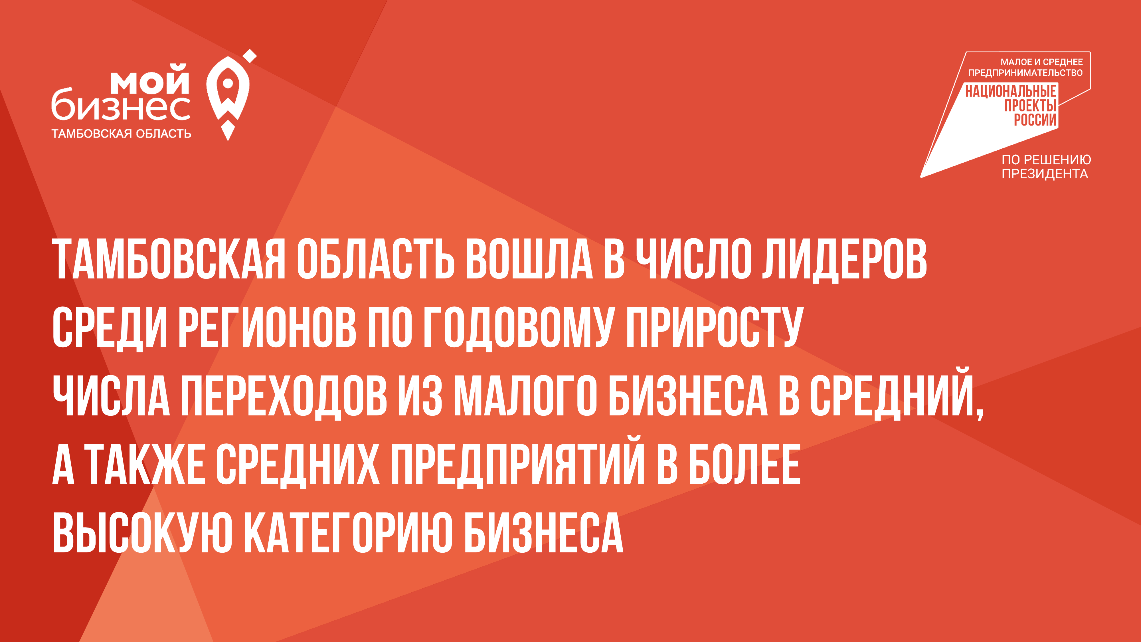 Тамбовская область вошла в число лидеров среди регионов по годовому приросту числа переходов из малого бизнеса в средний, а также средних предприятий в более высокую категорию бизнеса.